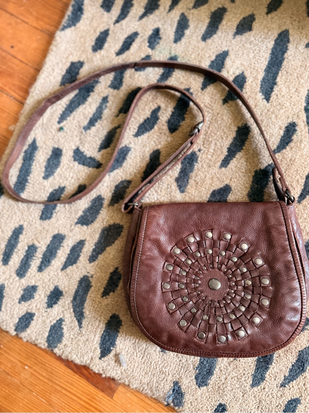 Women's Brown Leather Crossbody Bag with Studded Medallion Detail